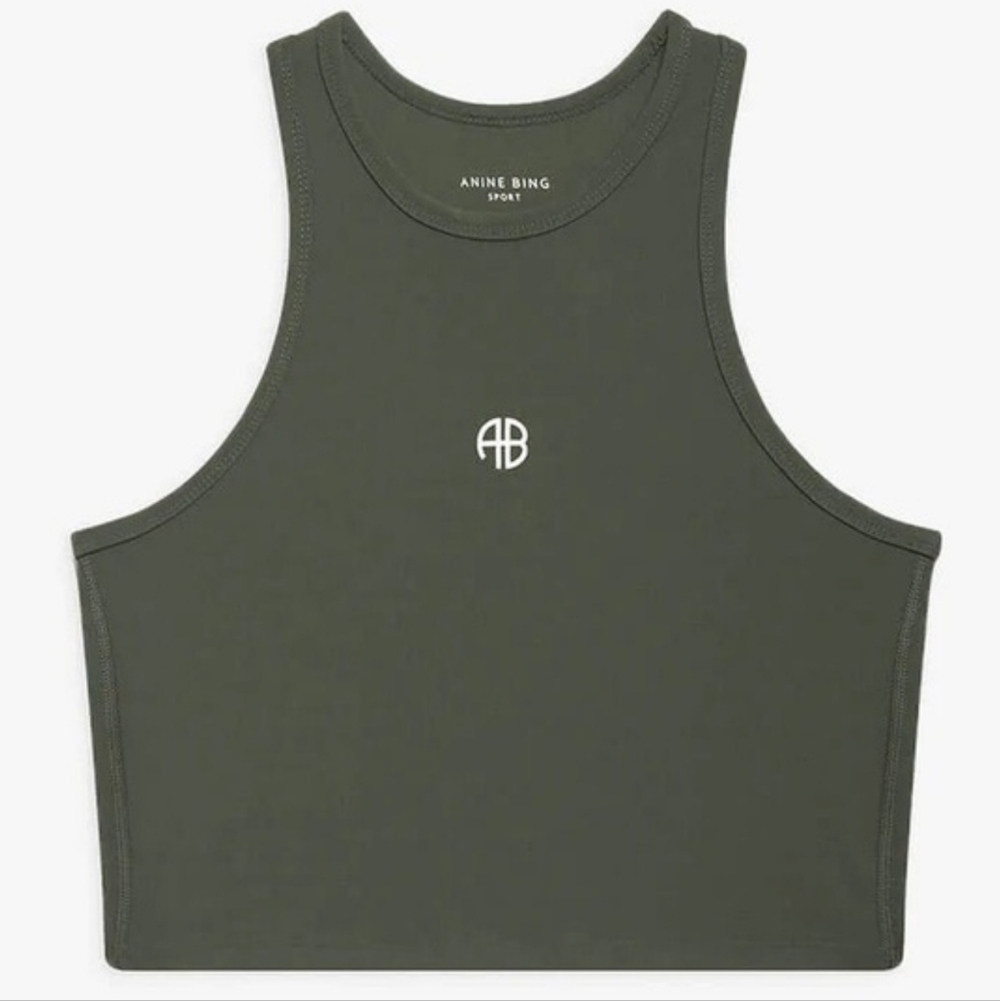 Anine Bing Olive Green Crop Tank with White AB Logo